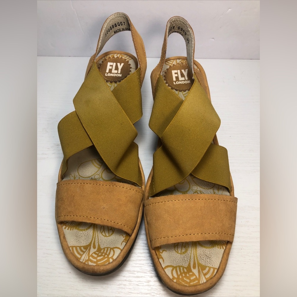 Fly London | Yaji Women Yellow Stretchy Crisscross Straps Wedge Sandals Size 39